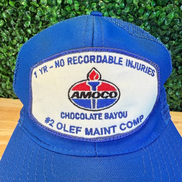 Vintage Amoco Trucker Hat Chocolate Bayou OLEF Maint Comp Rare 80s y2k Cap Blue - Picture 5 of 8